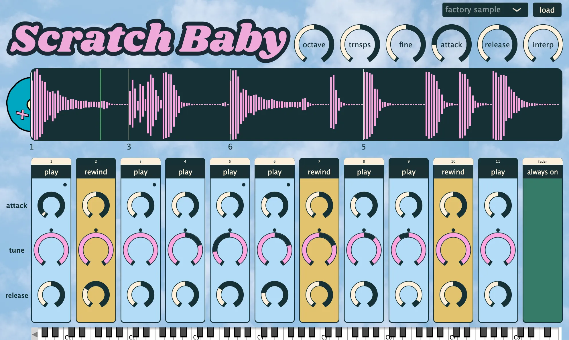 Scratch Baby plugin interface showing waveform display, slice controls, and per-voice knobs